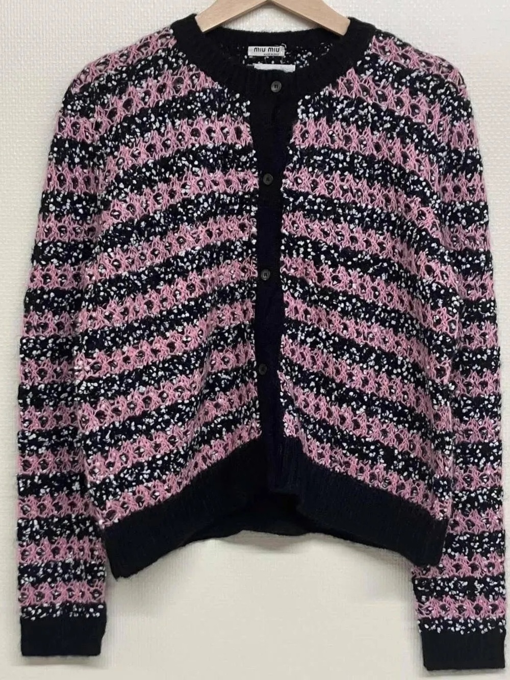 Miu Miu Pink and Black stripe knit cardigan